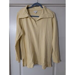 J. Jill Yellow‎ Stripe Collared Long Sleeve Cotton Pullover Top Women's Medium